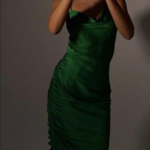 Bardot Green Satin Ruched Midi Skirt